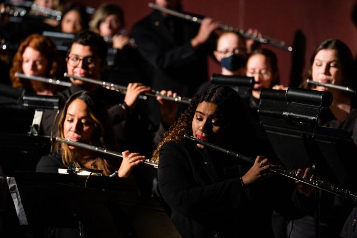 一群长笛演奏家在音乐会上表演.